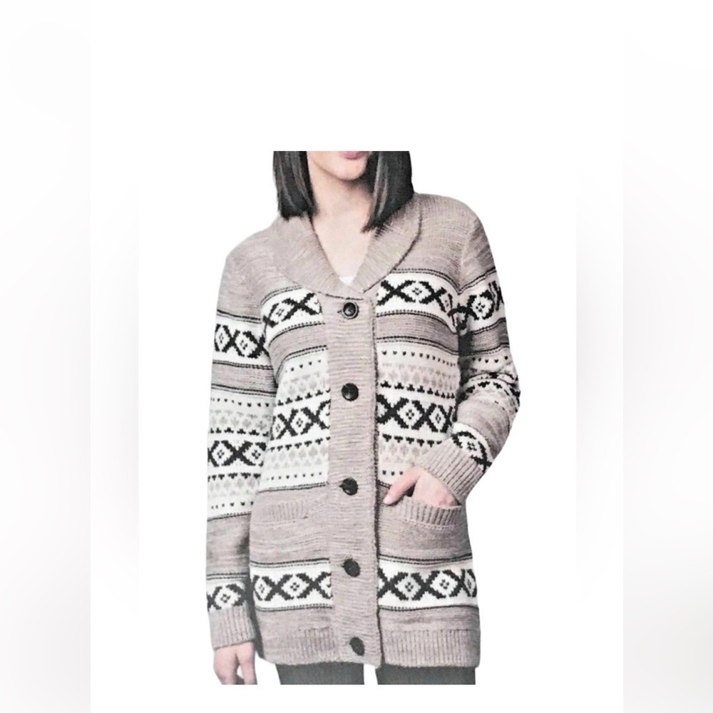 SAMSARA Wool Blend Fair Isle Chunky Knit Nordic Sweater Cardigan medium